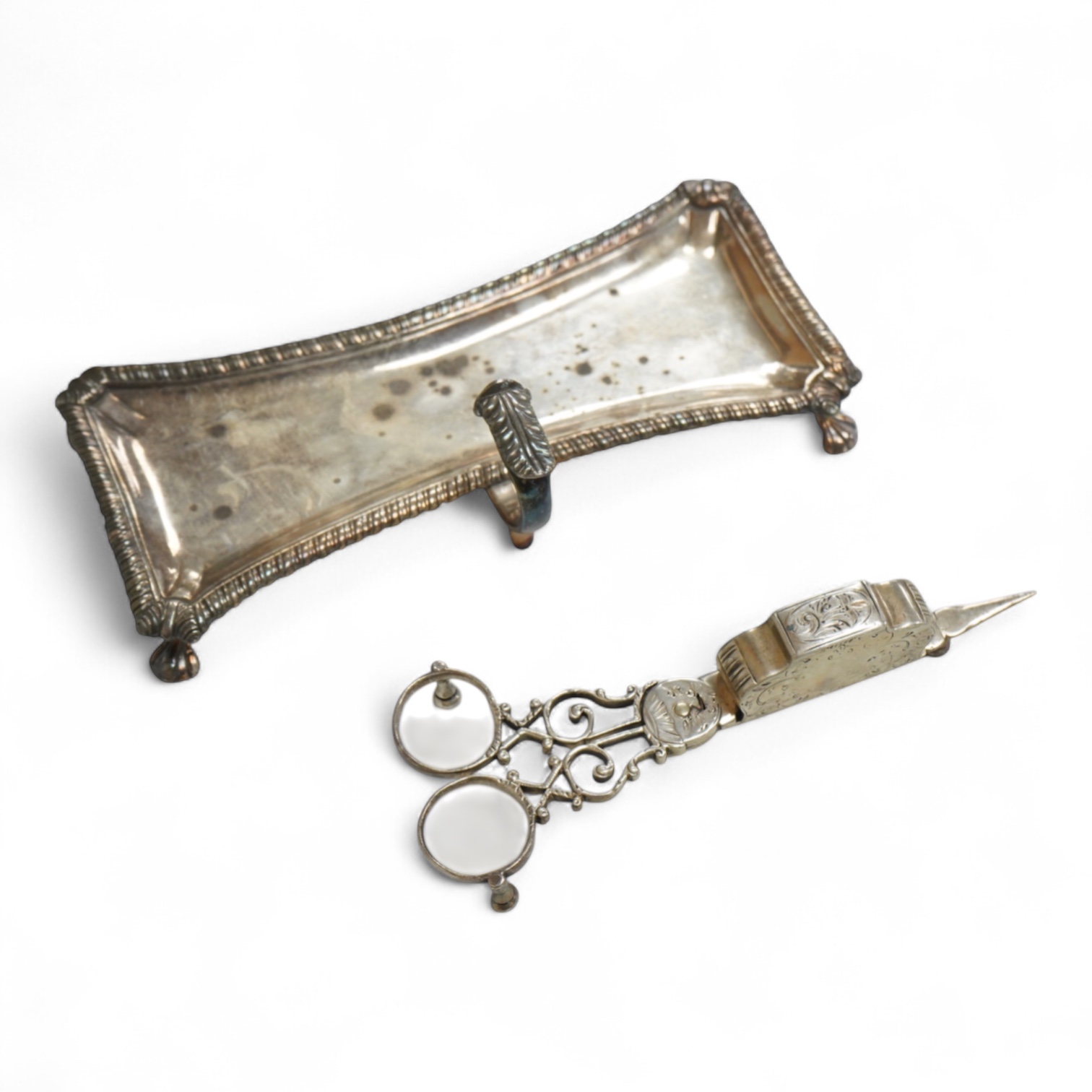 A pair late George II silver candle snuffers and similar stand, stand WC?, London, 1769, 18.5cm, snuffers I.B, London, 1769, 9oz.